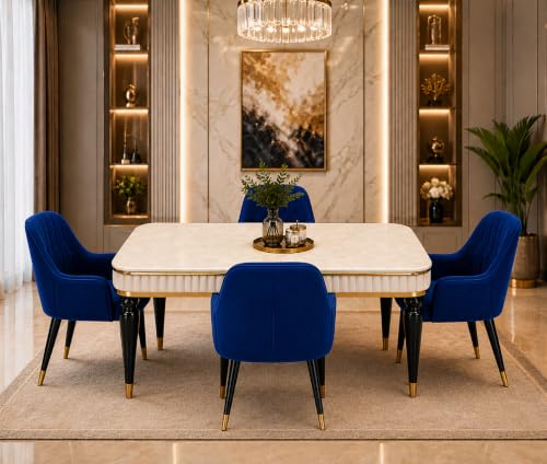 Image of 4 Seater Dining Table Set with Nano Composite Marble Top, Solid Wood Base & 4 Upholstered Chairs, Modern Dining Table Set for Home & Dining Room Furniture (Blue, White Marble Top, 4 Seater)
