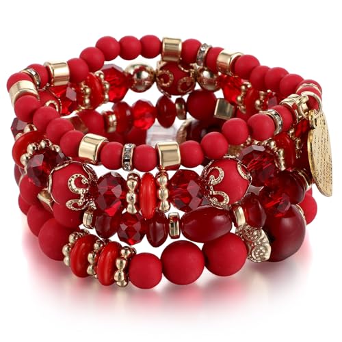 Stackable Red Bracelets for Women，Boho Bracelets for Women Stackable Friendship Wrap Bracelet Multi-Layer Beaded Crystal Stretch Bracelet Boho Gemstone Party Favors