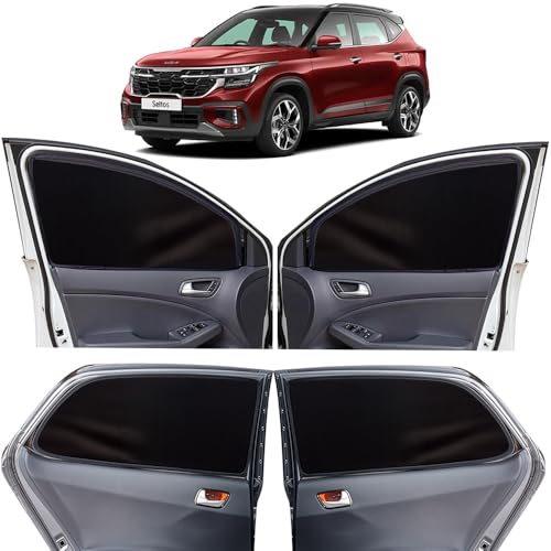 Image of OTO2EYE Car Sun Shade Compatible for Kia Seltos Model 2024 to 2025, Z-Black Super Magnetic Grip, Front Window Zipper, Side Window Curtains, 4 Pieces Set
