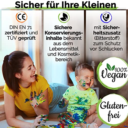 Krevo Art Fingermalfarben – ungiftige & auswaschbare Fingerfarben für Kinder ab 2 Jahre, 6 leuchtende Farben je 60ml, vegan & geruchlos – inkl. kreativer Malvorlagen für extra Malspaß!