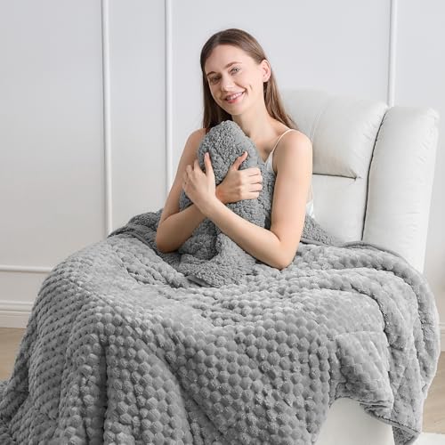 Wemore Fleece Weighted Blanket for Adults (48" x 72" 15lbs, Grey), Dual Sided Cozy Soft Sherpa Heavy Blanket, 3D Imitation Turtle Shell Warm Jacquard Flannel Weighted Blankets for Couch and Bed