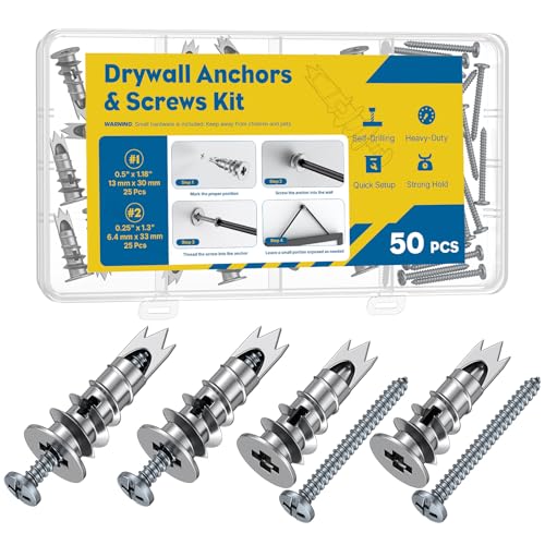 Uniclife 50 Pcs Self Drilling Drywall Anchors Heavy Duty Wall Anchors for Drywall Metal Dry Wall Anchors and Screws Kit Zinc Alloy Sheetrock Anchors with #6 x 33 mm Screws Picture Hanging Kit