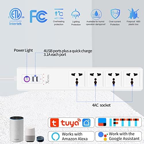 Xenon Smart Universal Extension Lead WiFi Surge Protector Power Strip 1.5M with Individual Control 4 Outlet 2 USB Plug Works Alexa|Google Assistant Remote Control Timer UK Socket No Hub Required White