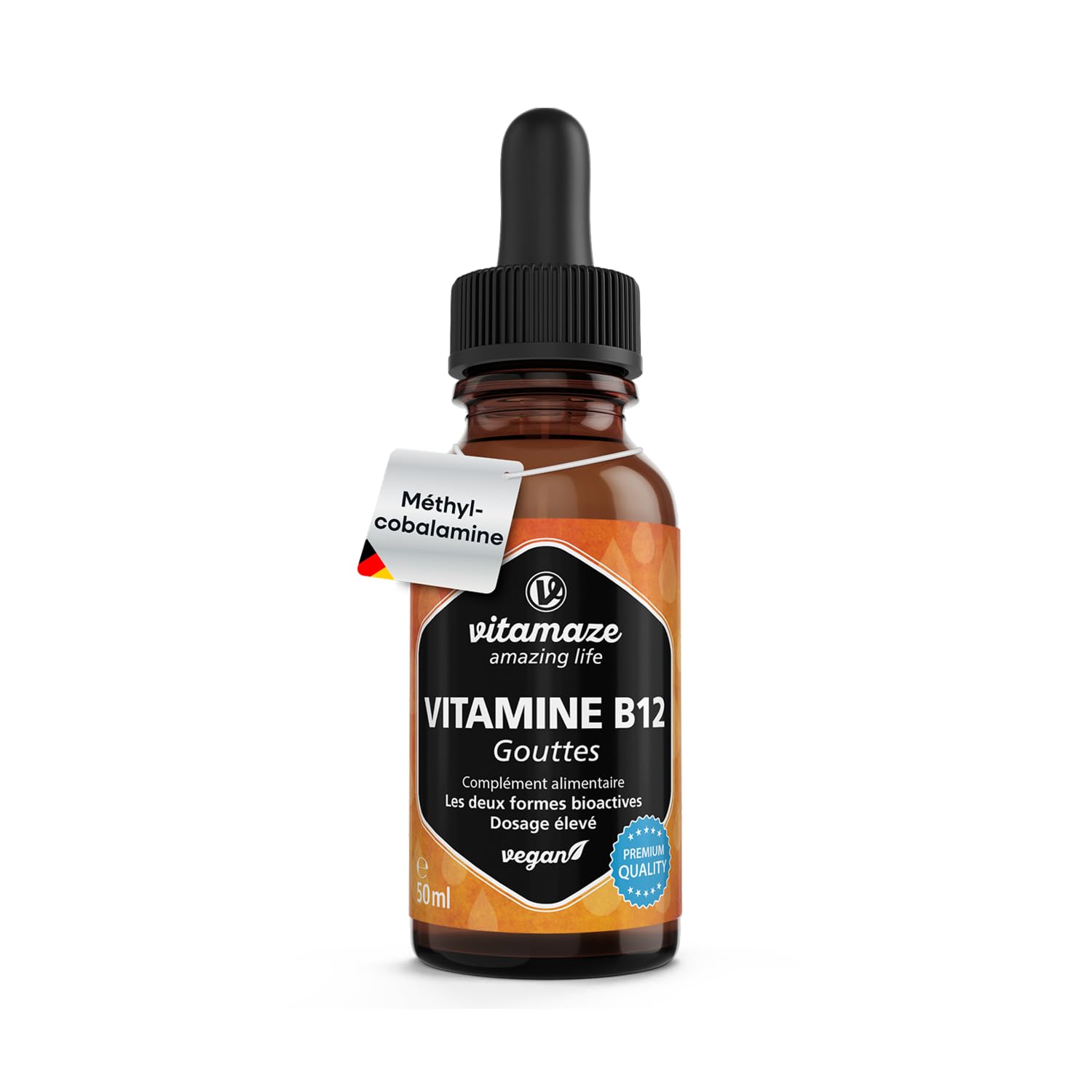 Vitamine B12 Gouttes 500 mcg - Vegan -​50 ml Haute Dose et Absortion - Methylcobalamin & Adenosylcobalamin - Aide à Maintenir la Santé des Neurones et du Sang, Complément Alimentaire