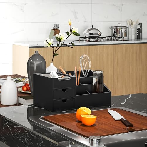 HOMCOM Organizador de Escritorio de Bambú Organizador de Mesa con 2 Cajones 6 Compartimentos y Estante para Oficina Hogar 33x20,5x15,5 cm Negro - imagen 8