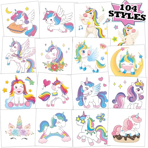 104 PCS Unicorns Temporary Tattoos for Kids Girls Birthday Party Decorations Unicorns Fake Temp Tattoos Party Favors Party Supplies