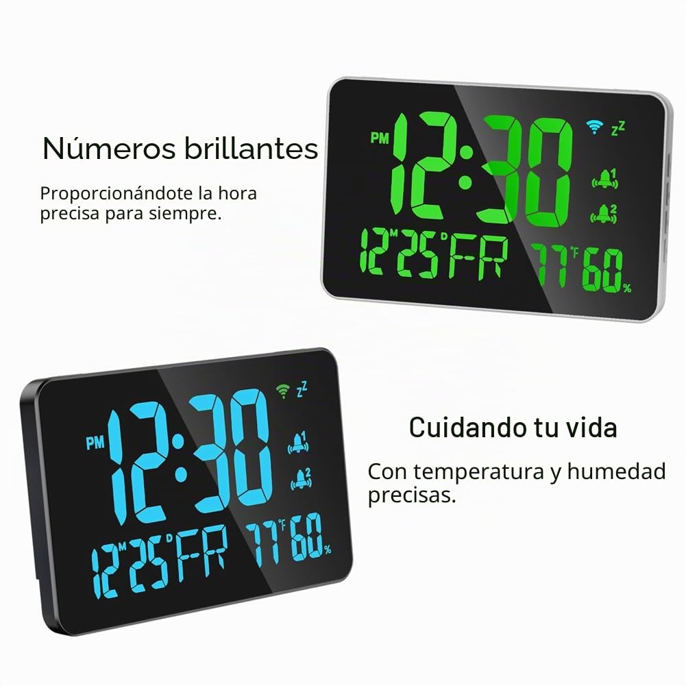 Reloj despertador Wifi con termómetro higrómetro inteligente, calendario digital, pantalla LED transparente para dormitorio cabecero (BLUE)