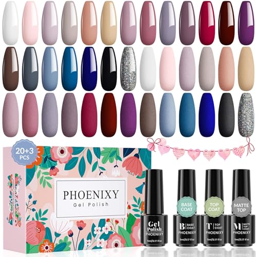 Phoenixy 23 Pcs Pintauñas Semipermanentes Gel U V/LED 20 Colores de Esmaltes Semipermanentes para Uñas con Base, Top Coat Brillante y Mate Kit de Esmalte de Uñas en Gel