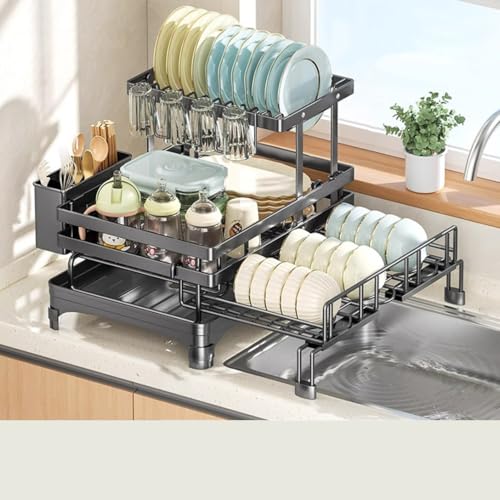 水切りラック 横置き 自動排水 受け皿付き 省スペース 多機能のキッチンラック キッチン水切り シンク上 調理器具ホルダー キッチン収納 シンクサイド 組み立て簡単