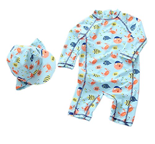 Sun Protective Baby Boys Swimsuit Toddlers One Piece Swimwear with Hat Shark Rash Guard UPF 50+ Blue 18-24M