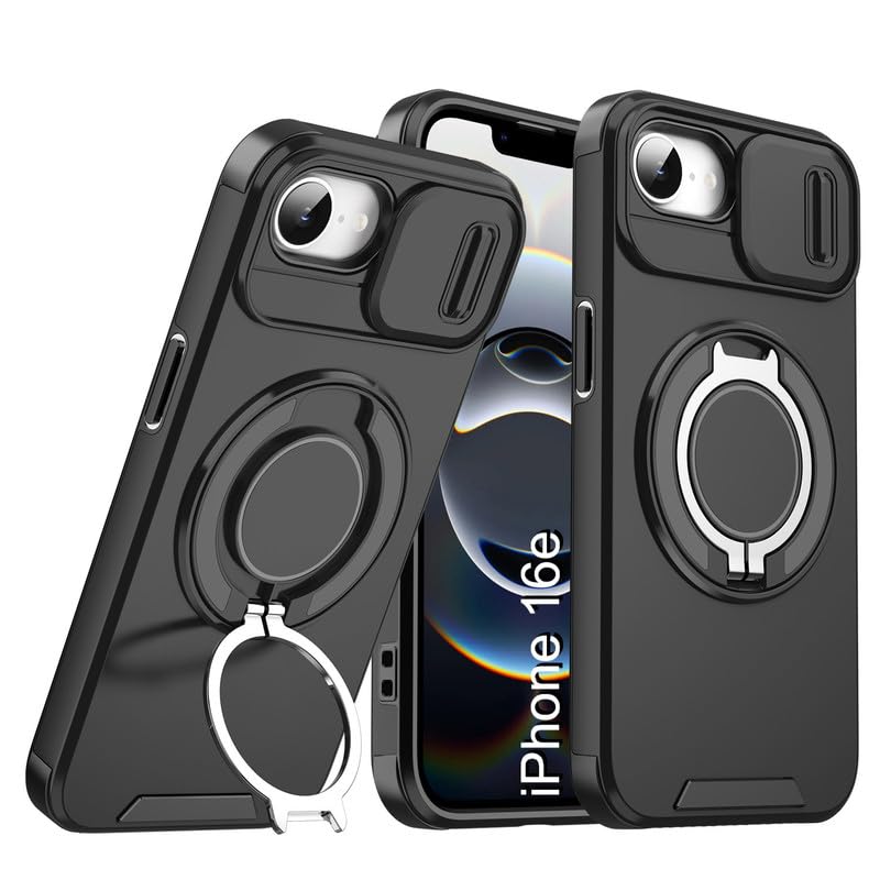 Image of LuxuryKase Shockproof Rugged Case for iPhone 16e | iPhone 17e | Slide Camera Cover | 360 Rotating Ring Kickstand | Military-Grade Protection - Matte Black