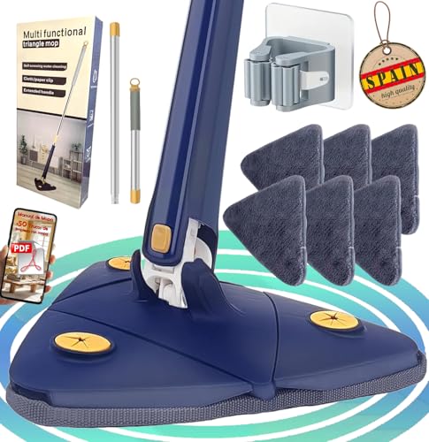 HICAREL® Mopa Triangular Giratoria 360 Autoescurrible de Microfibra, Mopa para Limpiar Azulejos y Paredes, Colgador, 6 Recambios, Manual y Trucos. Fregona Autoescurrible, Suelos, Techos y Ventanas.
