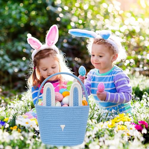 Image of Easter Basket, Easter Bunny Basket with Handle, Easter Baskets for Kids, Baby Gift Basket, Egg Buckets Gifts Tote Bags Egg Hunt Basket for Boys, Girls