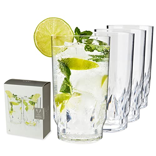 Viski Shatterproof Highball Tumblers, Faceted Acrylic Tall Drink Cocktail Glasses, Dishwasher Safe and Shatterproof, Clear 18 Oz Set of 4