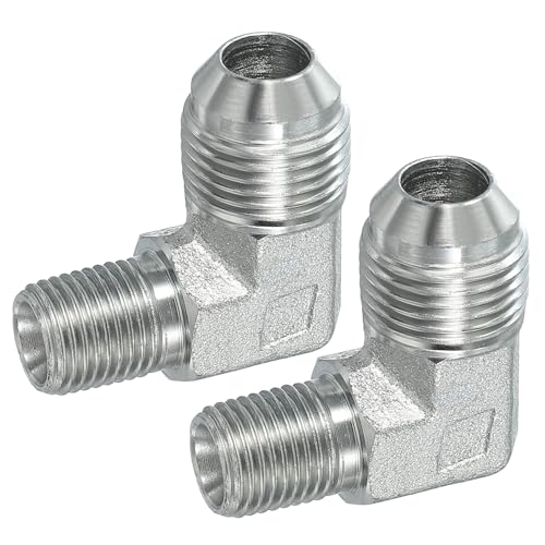 Image of PATIKIL 90 Degree Pipe Adapter, 2 Pcs 3 /4 inch Male 37 Flare JIC x 1 /4 inch BSPT Male Connector Carbon Steel Elbow Fitting for Air Hydraulic Fluid Fuel Water Oil, Silver