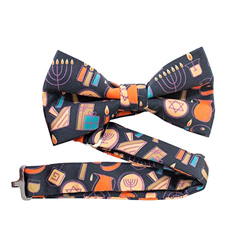 Jacob Alexander Men's Spirit of Hanukkah Menorah Candle Lights Star of David Dreidel Banded Pre-Tied Bow Tie - Black