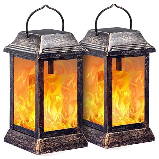 TomCare Solar lights Metal Flickering Flame Solar Lantern Outdoor Hanging Lanterns Lighting Heavy Duty Solar Powered Waterproof Umbrella LED Flame Lights for Garden Patio Pathway Deck Yard, 2 Pack