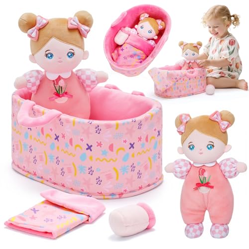 OUOZZZ Baby Doll Accessories with Soft Doll, Bassinet, Blanket and Bottle, Interactive Pretend Playset for Social Emotional Learning, Toy for 2 Year Old Girls