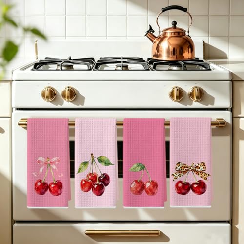 Image of 4 Pcs Cherry Hand Towels for Bathroom, Pink Preppy Bow Reusable Dish Towels | Waffle Weave Hand Cloth Tea Towel for Kitchen Bathroom Decor, Cherry Gifts for Women Friend 24x14 Inch