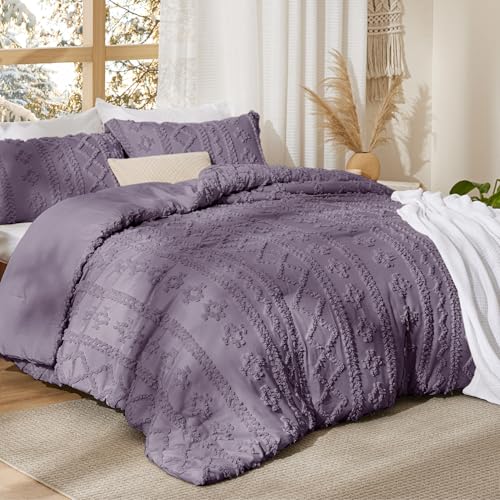 Image of Bedsure Tufted Boho Comforter Set Queen Size - Grayish Purple Boho Bed Set, GentleSoft 3 Pieces Farmhouse-Style Embroidery Bedding, Gifts for Woman, Soft Jacquard Kids' Comforter for All Seasons