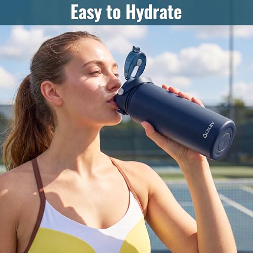 Image of OLDLEY 32oz Insulated Water Bottle with 2-in-1 Straw & Chug Lid, Leakproof Stainless Steel Bottle, Double Wall Vacuum Insulated Water Bottle for Sports, Gym, Travel,Navy