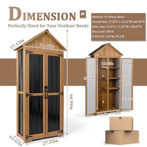 Image of Outdoor Storage Cabinet Waterproof, Outdoor Storage Shed with Shelves, Wood & Metal Patio Backyard Garden Storage Cabinet Tool Organizer for Outside