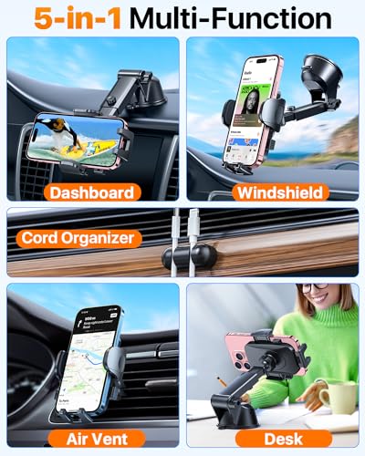 HTU 2025 Best Car Phone Holder ãUltimate 5-in-1 & Upgraded 100+LBS Strongest SuctionããTrue Military-Grade & Safety Certã 360° Windshield Dashboard Vent Mount Stand for iPhone Android & Truck, Black - Image 4