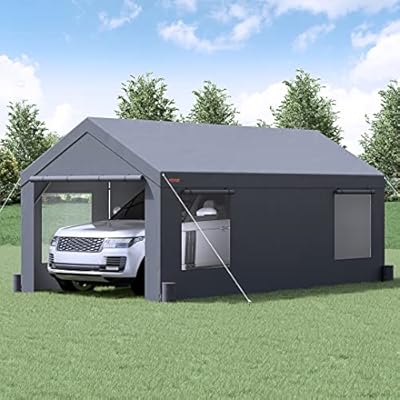 Upgraded VEVOR 12'x20' Carport - Heavy Duty Portable Garage, Extra Large Canopy with Roll-up Ventilated Windows, Removable Sidewalls, Waterproof & UV Resistant All-Season Tarp, Ideal for Truck & Boat