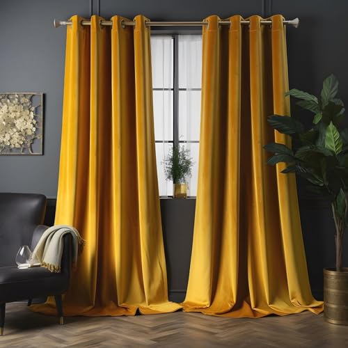 Aljctns Marigold Velvet Curtains, 96 inches, 2 Panels, Super Soft Grommet, Noise Reducing, Room Darkening Luxury Curtains for Living Room & Bedroom Decor, W52 x L96 inches