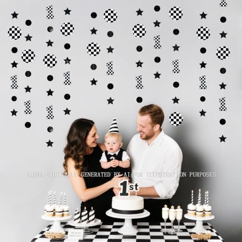 Image of Fast One Birthday Decorations Black White Checkered Polka Dot Star Hanging Garland Banner for Checkered Race Car First Lap Around the Track Bday Talladega Nights 1st Birthday Decorations Supplies