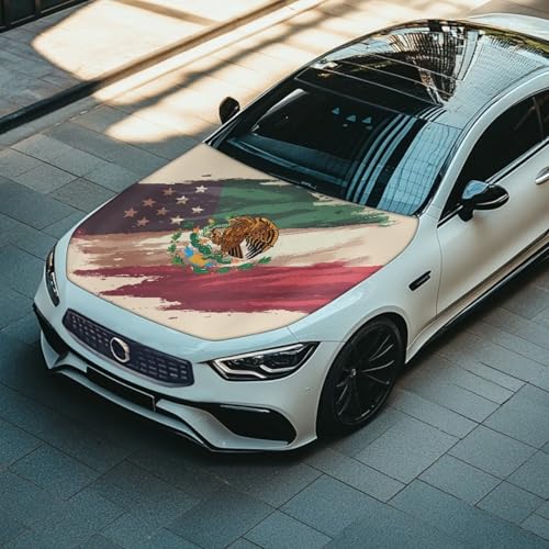 Image of Car Hood Cover Protector 59x39 Inch Stretchable Auto Hood Wrap Blankets Waterproof Automotive Exterior Accessories for Sedans SUV Trucks (USA Flag and Mexican Flag Design)