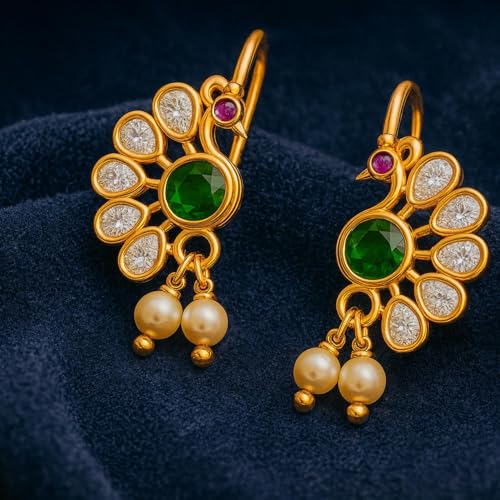 Image of VAMA FASHIONS 18K Gold Plated Anti Tarnish Half Moon Peacock Shape Traditional Maharashtrian Press on Bugadi Upper Ear Clip on Earrings For Women & Girls