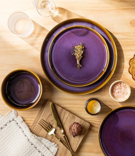 Image of TheTerra Ceramic Dinnerware Sets for 4, 12 Pieces Handmade Reactive Glaze Plates and Bowls Set, Scratch Resistant Dish Set, Oven & Microwave & Dishwasher Safe, Amber Amethyst