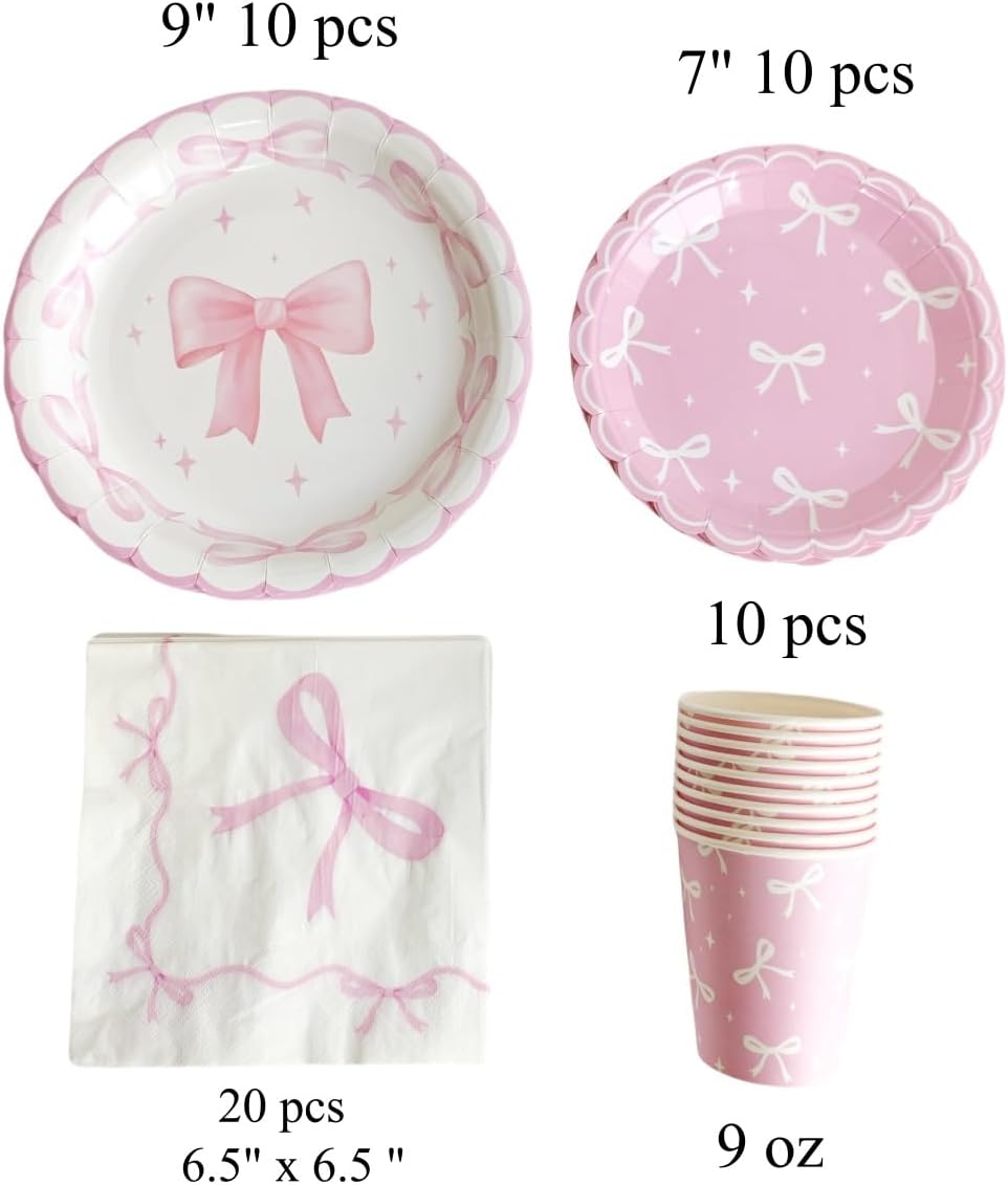 Pink Bow Themed Party Supplies, 50pcs Pink Bowtie Plates, Cups, Disposable Napkins, Coquette Girl Bow Knot Tableware Set for Birthday, Wedding, Bridal Shower, Engagement Decorations - Image 6