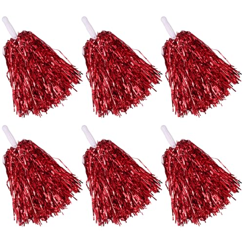 yzhweln 6 Pcs Red Cheerleading Pom Poms - School Spirit Shakers Metallic Foil Cheering Pompoms Cheer Pom with Baton Handle Plastic Squad for Adults Team Spirit Sports Party Cheering (6 Red)
