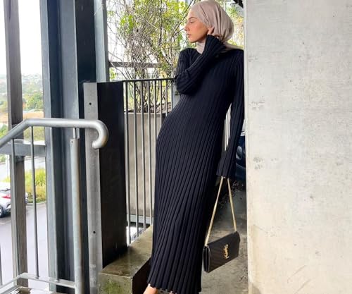 Image of Women's Long Sleeve Sweater Dress Ankle Length Fall Dress Vneck Knit Winter Dress