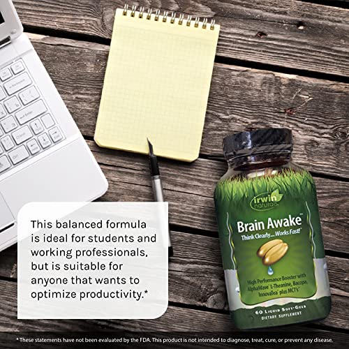 Irwin Naturals Brain Awake Enhanced Mental Performance, Increased Focus, Boost Clarity & Concentration - Powerful Nootropic Booster With L-Theanine, Bacopa, Mct's & Innovatea - 60 Liquid Softgels #TOP3