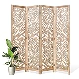 Leaf-Carved Room Divider Privacy Screen - 67 Inch Tall Foading Decorative Wood Screen Dividers Panel for Home - Natural Wood Room Partitions for Enhanced Privacy and Style Natural 4 Paned