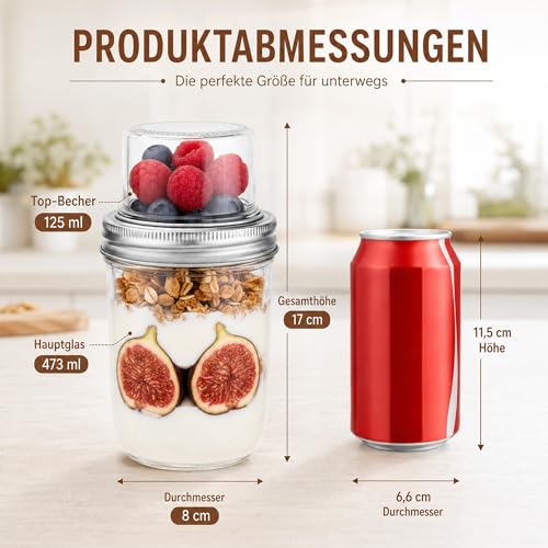 VITEVER Overnight Oats Gläser 2er Set, 480 ml + 120 ml Müslibecher to go mit Deckel, Joghurtbecher Glas mit Topping-Fach… – Ansicht 2