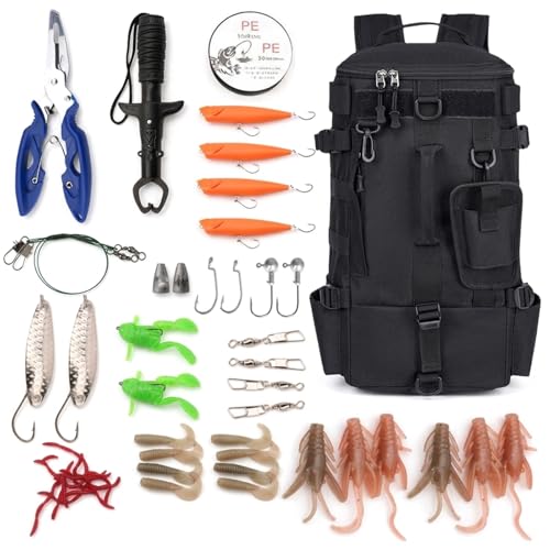 BONJUME Set De Mochila De Pesca De 60 Piezas, Bolsa De Pesca De 15 L (43 X 21 X 17 Cm) Con Sistema Molle Y Equipo De Pesca Incluye Alicates SeñUelos Sacaanzuelos Y Pinza De Labios