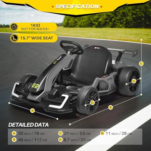Blitzshark 24V Kids Go Kart 300W Drift Kart Powerful Electric Pedal Kart Outdoor Race Toy, with 2X150W Strong Motor, 7AH Big Battery, EVA Tires, Drift/Sports Mode, Brake Pedal, Length Adjustment, Gray