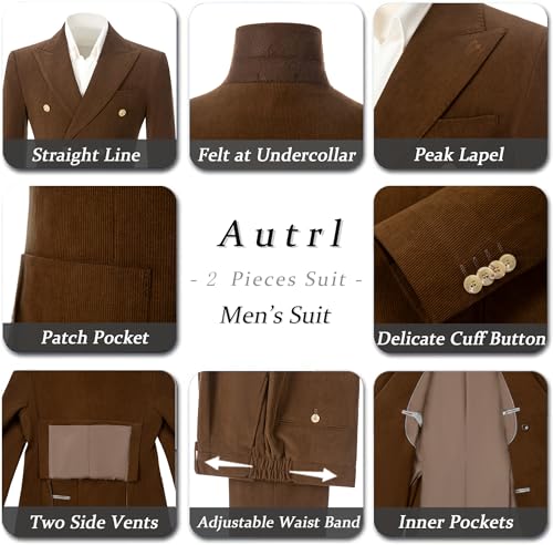 Men's Corduroy Suits 2 Piece Suit Set Slim Fit Business Suit Party Prom Tuxedos for Men Double Breasted Brown Sport Coat Pant Set XXL3