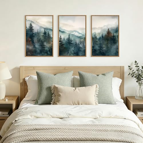 Image of KAIRNE Watercolor Misty Forest Framed Canvas Wall Art Set, Nature Landscape Wall Decor, Foggy Mountain Pine Trees Wall Painting, Jungle Scenery Artwork for Living Room, Bedroom, Office-24 x36 x3