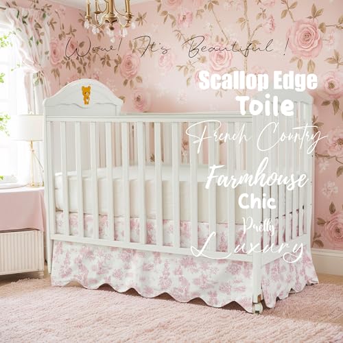 Image of Brandream Scallop Edge Cotton Crib Skirt, Baby Girl, French Country Pink Toile Crib Skirt Toddler Bedskirt Farmhouse Chic Nursery Crib Bed Skirt, Boho Bohemian Vintage Floral Print