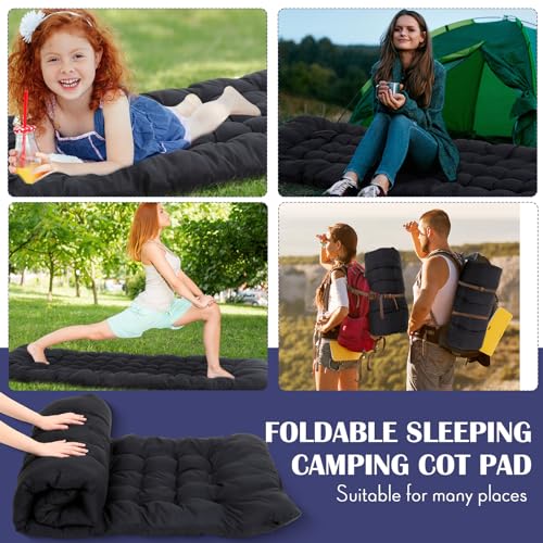 Soaoo 4 Pcs Outdoor Camping Cot Pads Mattress Cot Mattress Topper Lightweight Foldable Sleeping Camping Cot Pad Thicker Cotton Sleeping Cot Pad for Adults Camping Cots, Outdoor and Indoor, Black