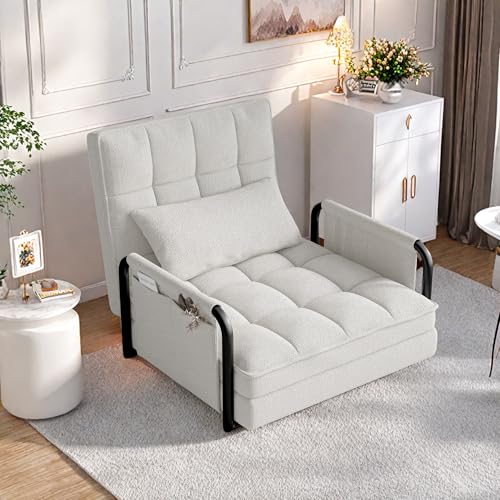 KeepGoon Sofá cama individual, cama individual, reclinable, ahorra espacio, sofá cama de 1 plaza, de cachemira con chaise longue ajustable, cinco posiciones ajustables, color blanco