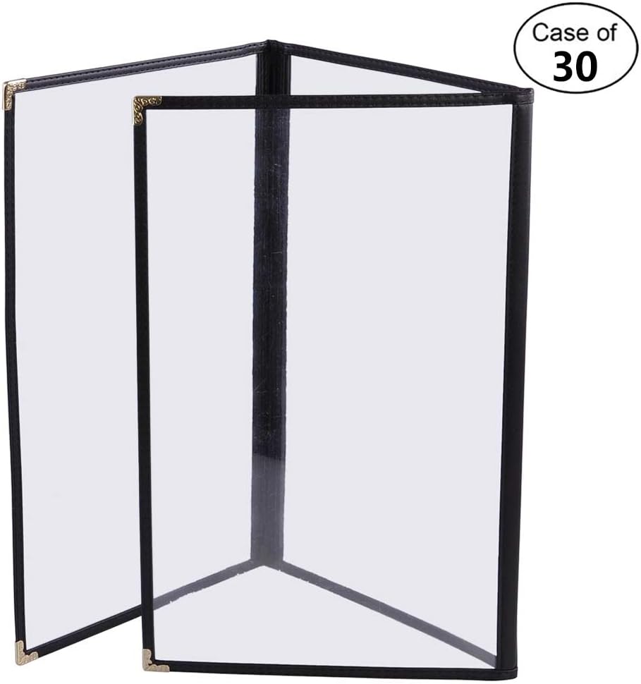 30 Pack of WeChef Menu Cover Triple Fold 6 View Double Stitch Trim Fits 8.5X14 Paper Transparent Cafe Restaurant Black