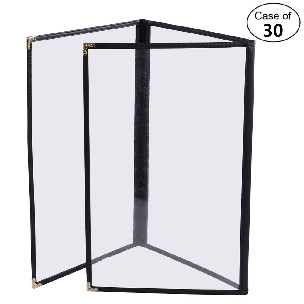 30 Pack of WeChef Menu Cover Triple Fold 6 View Double Stitch Trim Fits 8.5X14 Paper Transparent Cafe Restaurant Black