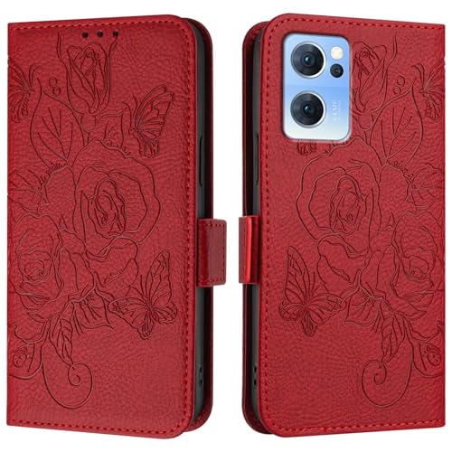 Étui OPPO Reno 7 5G et Find X5 Lite en cuir PU rouge avec porte-cartes intégré