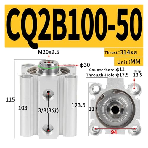 Vérin compact CDQ2B alésage de cylindre 100mm pour automatisme
